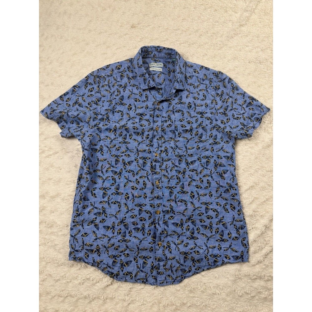 Tenth + Ocean Men's Leaf Print Linen Cotton Blue Button-Up Shirt M